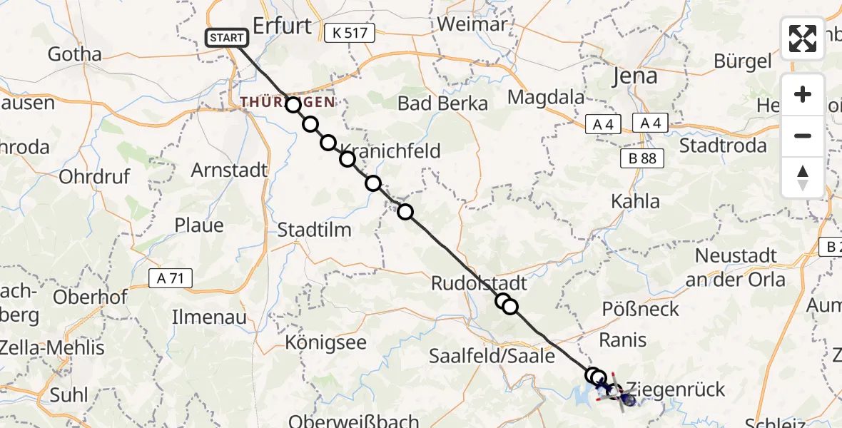 Flugroute Polizeihubschrauber Erfurt - Gössitz, 09 August 2026, 20:55
