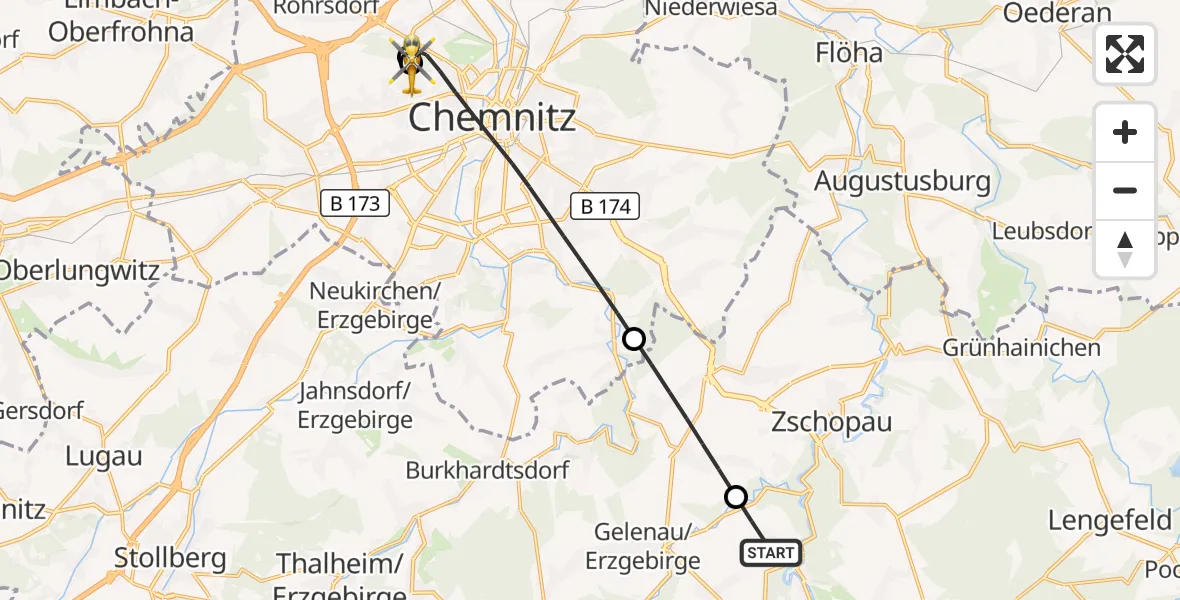 Flugroute Rettungshubschrauber Drebach - Flemmingstraße Hospital Ground, 09 August 2026, 21:17