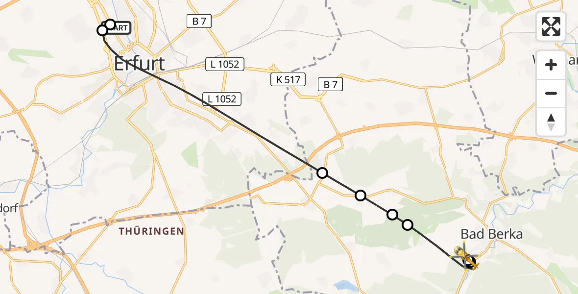 Flugroute Ambulanzhubschrauber Helios Clinic Erfurt - Bad Berka Central Hospital, 09 August 2026, 21:22