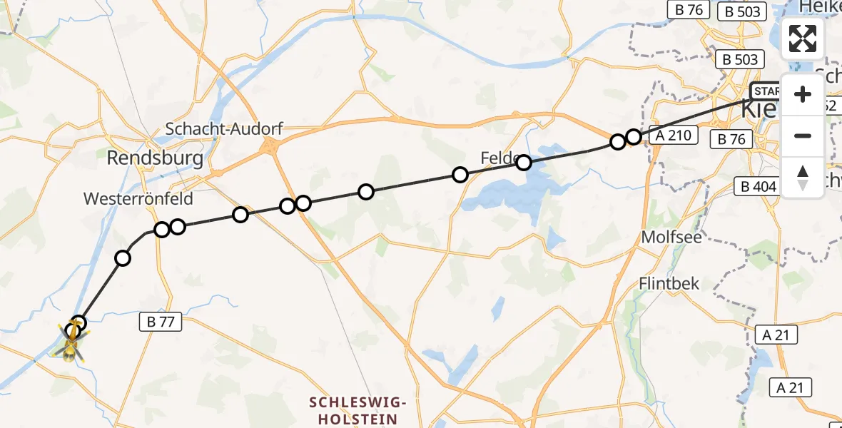 Flugroute Ambulanzhubschrauber Kiel - Rendsburg-Schachtholm Flugplatz, 09 August 2026, 21:30