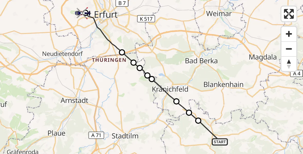 Flugroute Polizeihubschrauber Uhlstädt-Kirchhasel - Erfurt-Weimar Flughafen, 09 August 2026, 22:14