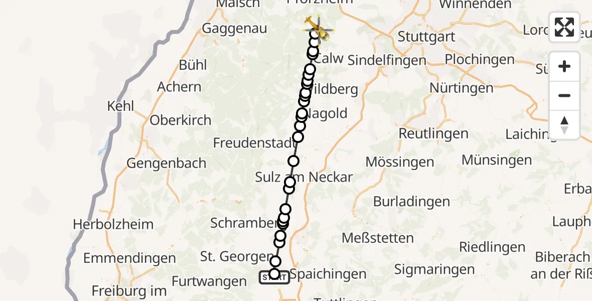 Flugroute Ambulanzhubschrauber DRF Air Rescue Station Villingen-Schwenningen Hubschrauberlandeplatz (Christoph 11) - Schömberg, 09 August 2026, 22:30