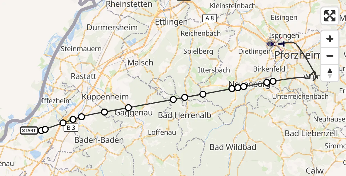 Flugroute Polizeihubschrauber Karlsruhe Baden-Baden Flughafen - Pforzheim, 10 August 2026, 00:10
