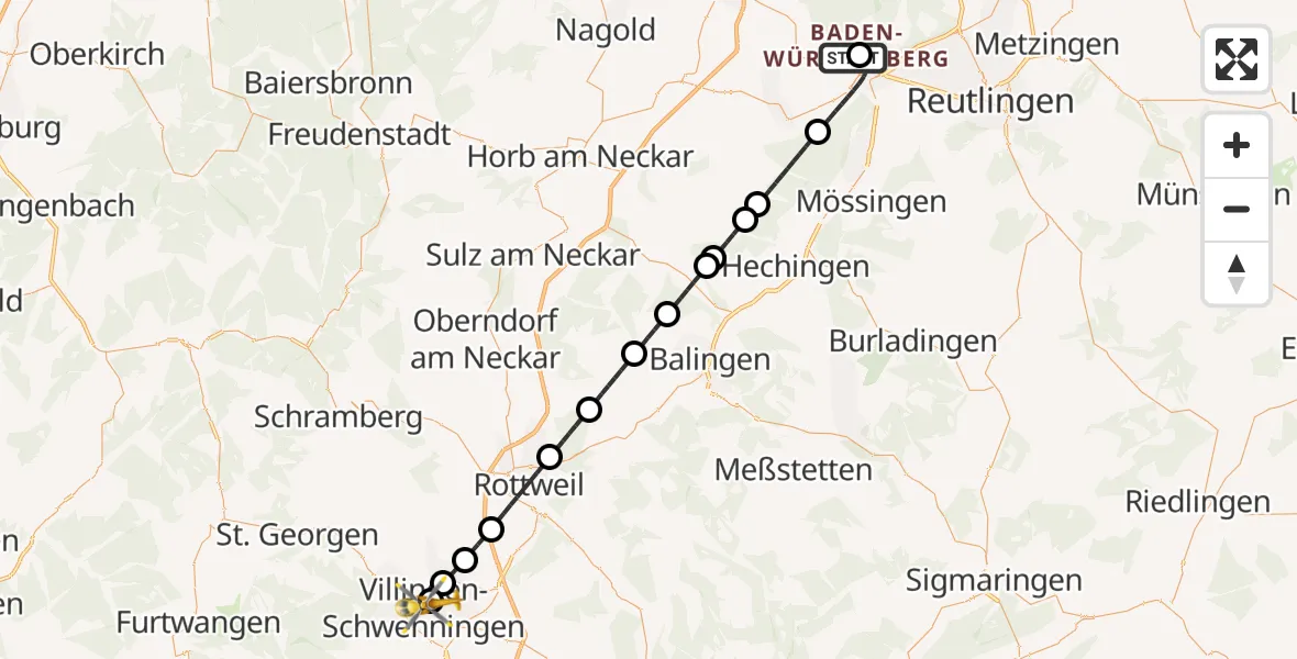 Flugroute Ambulanzhubschrauber Tübingen University Hospital - DRF Air Rescue Station Villingen-Schwenningen Hubschrauberlandeplatz (Christoph 11), 10 August 2026, 00:38