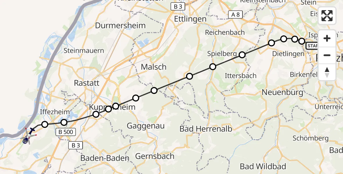 Flugroute Polizeihubschrauber Pforzheim - Karlsruhe Baden-Baden Flughafen, 10 August 2026, 01:15