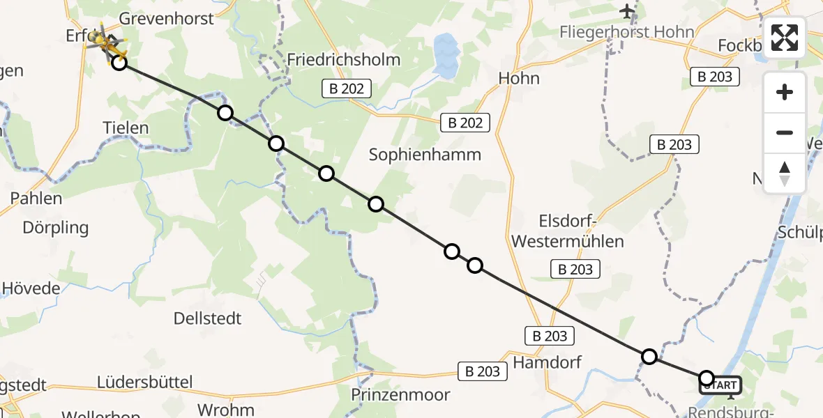 Flugroute Ambulanzhubschrauber Rendsburg-Schachtholm Flugplatz - Erfde, 10 August 2026, 03:08