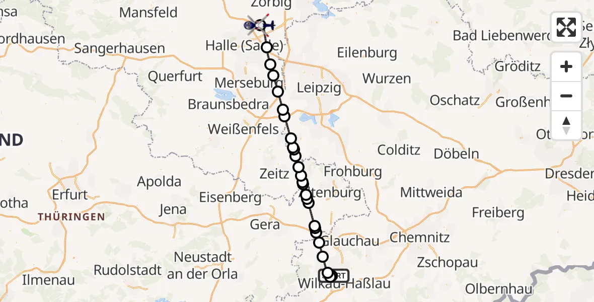 Flugroute Polizeihubschrauber Zwickau Flugplatz - Halle-Oppin Flugplatz, 10 August 2026, 03:19