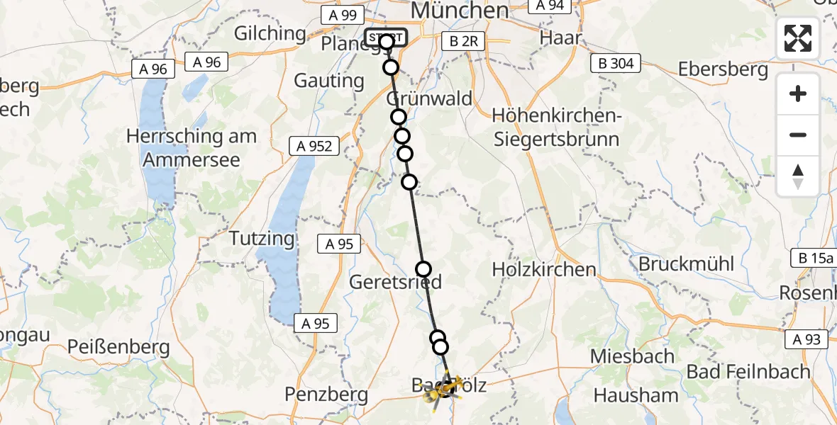 Flugroute Rettungshubschrauber DRF Air Rescue München Hubschrauberlandeplatz - Asklepios Clinic Bad Tölz, 10 August 2026, 04:31