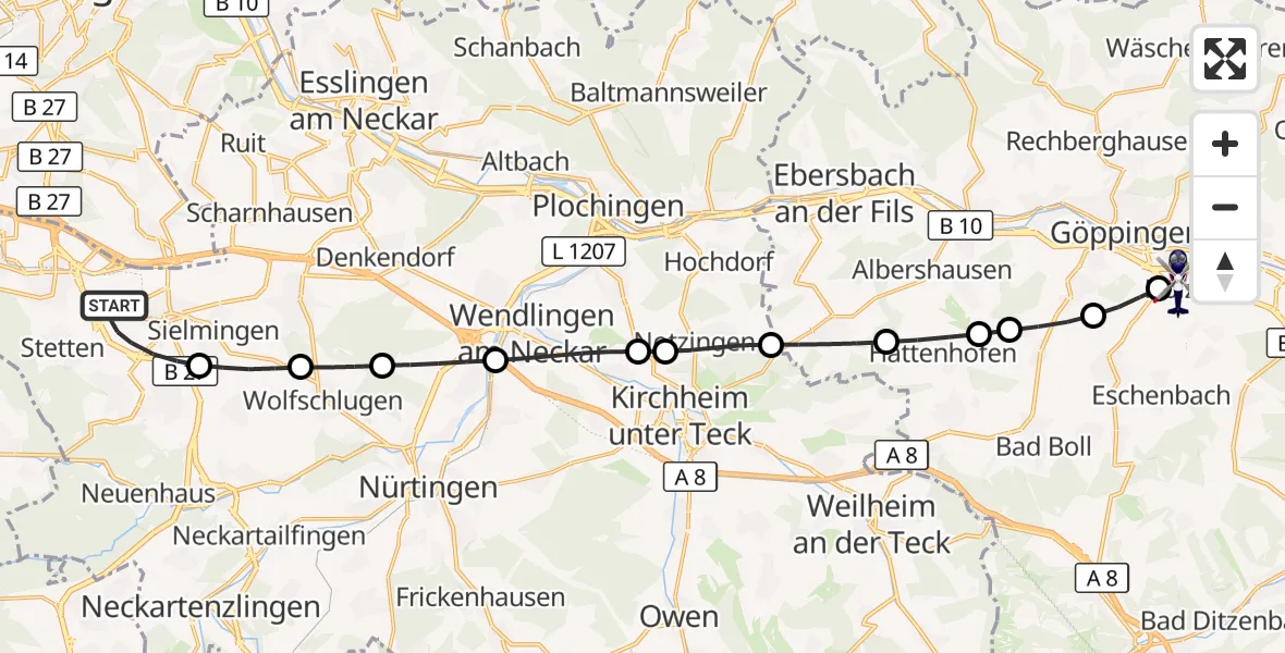 Flugroute Polizeihubschrauber Flughafen Stuttgart - Göppingen, 10 August 2026, 04:56