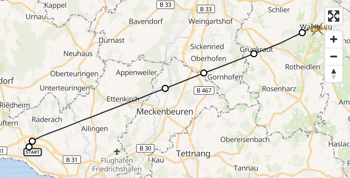 Flugroute Rettungshubschrauber Friedrichshafen Hospital - Waldburg, 10 August 2026, 05:11