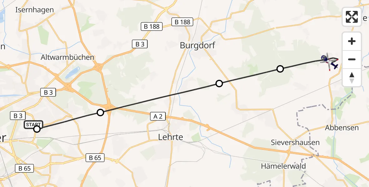 Flugroute Polizeihubschrauber Hannover Luftrettung Hubschrauberlandeplatz (Christoph 4) - Uetze, 10 August 2026, 05:24