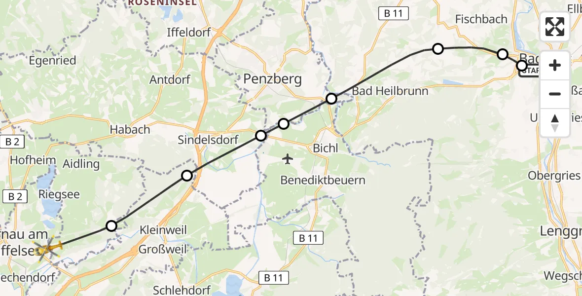 Flugroute Rettungshubschrauber Asklepios Clinic Bad Tölz - Murnau a.Staffelsee, 10 August 2026, 05:30