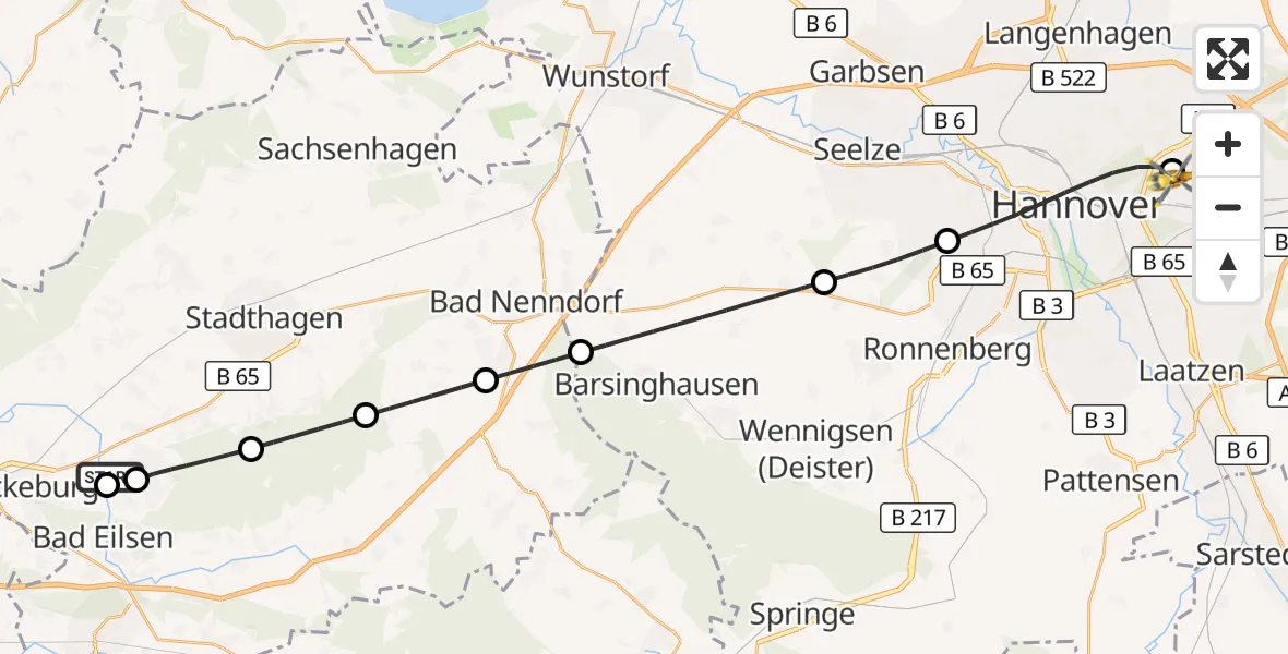 Flugroute Rettungshubschrauber Obernkirchen - Hannover Luftrettung Hubschrauberlandeplatz (Christoph 4), 10 August 2026, 05:33