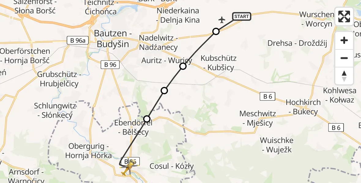 Flugroute Rettungshubschrauber Bautzen Flugplatz - Großpostwitz/O.L., 10 August 2026, 05:34
