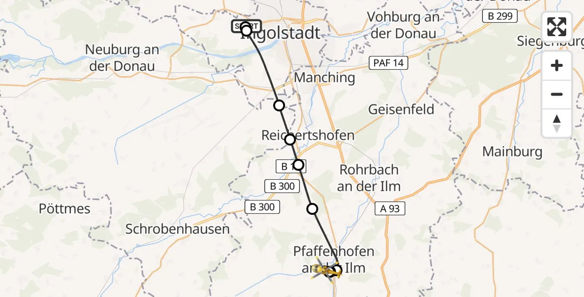 Flugroute Rettungshubschrauber Ingolstadt Hospital - Ilmtal Hospital Pfaffenhofen, 10 August 2026, 05:45