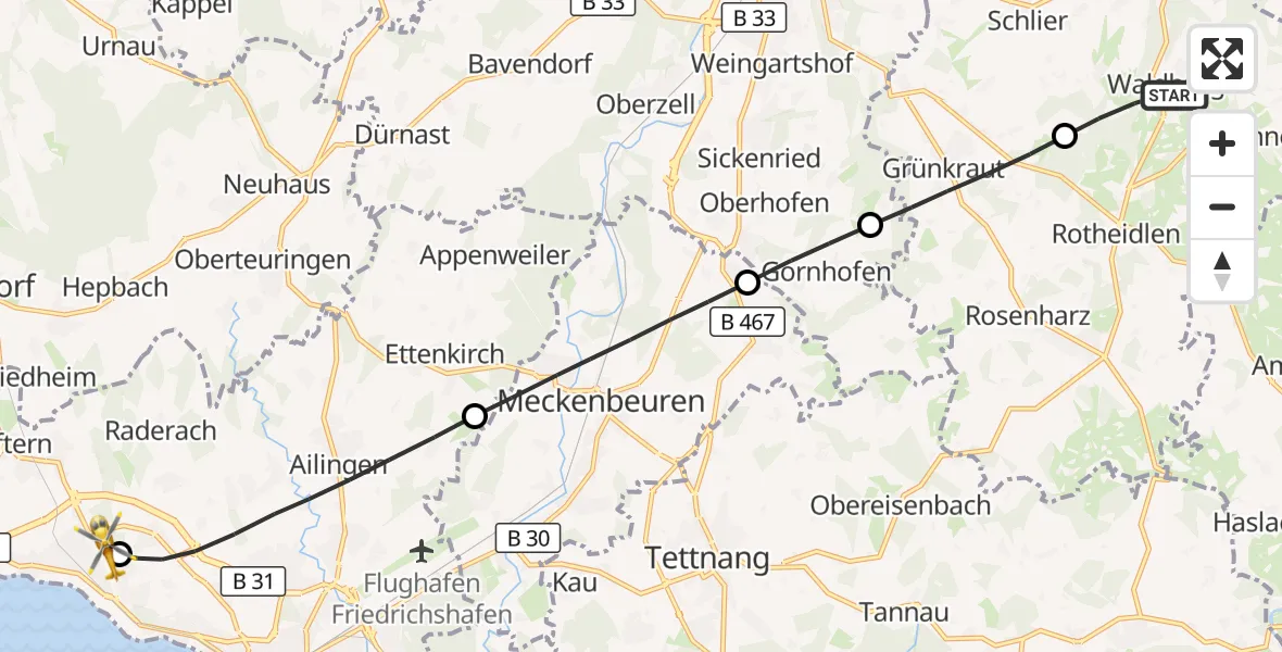 Flugroute Rettungshubschrauber Waldburg - Friedrichshafen Hospital, 10 August 2026, 05:49