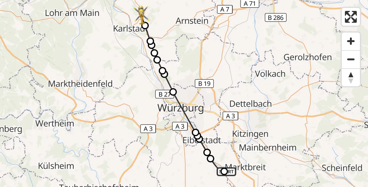 Flugroute Rettungshubschrauber Ochsenfurt Hospital - Eußenheim, 10 August 2026, 05:51