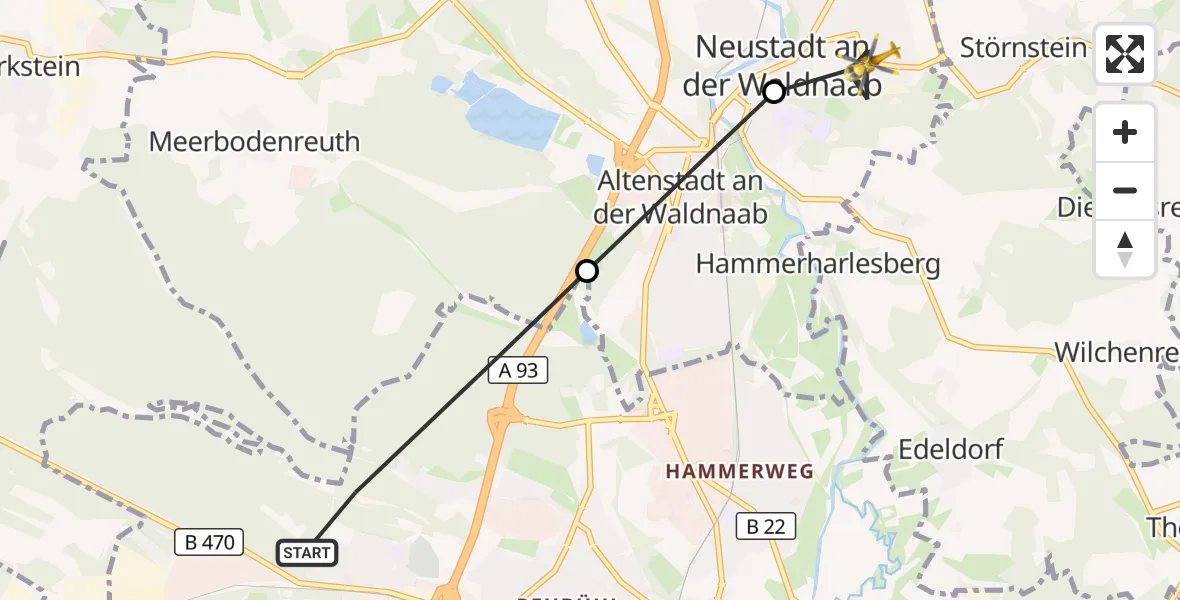 Flugroute Ambulanzhubschrauber Weiden i.d.OPf. - Neustadt a.d.Waldnaab, 10 August 2026, 05:54
