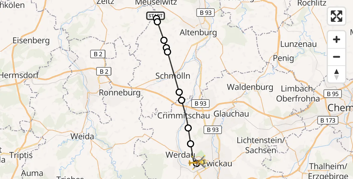 Flugroute Rettungshubschrauber Meuselwitz - ADAC Air Rescue Station Zwickau Hubschrauberlandeplatz, 10 August 2026, 06:00