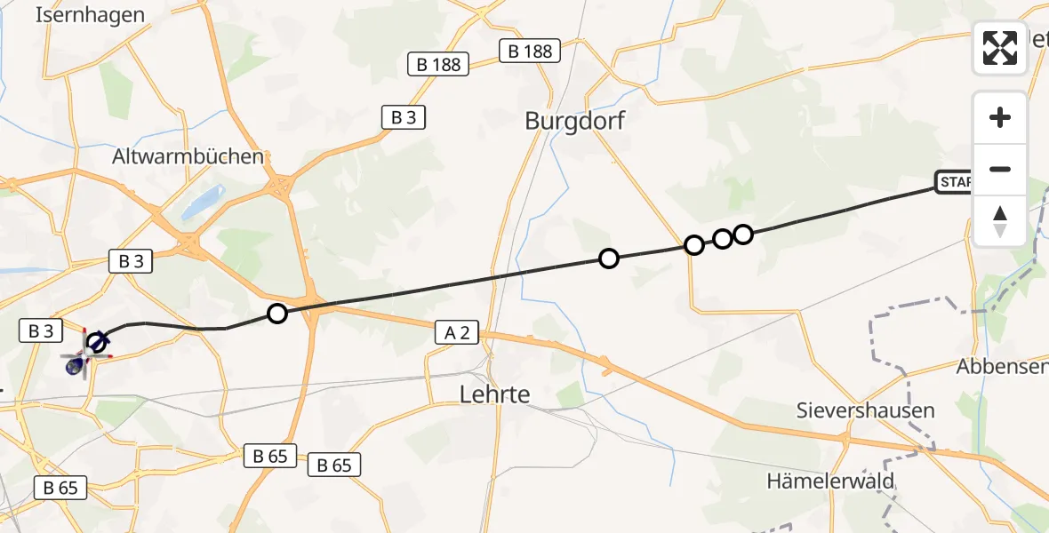 Flugroute Polizeihubschrauber Uetze - Hannover Luftrettung Hubschrauberlandeplatz (Christoph 4), 10 August 2026, 06:01