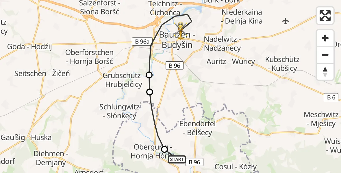 Flugroute Rettungshubschrauber Großpostwitz/O.L. - Bautzen, 10 August 2026, 06:06