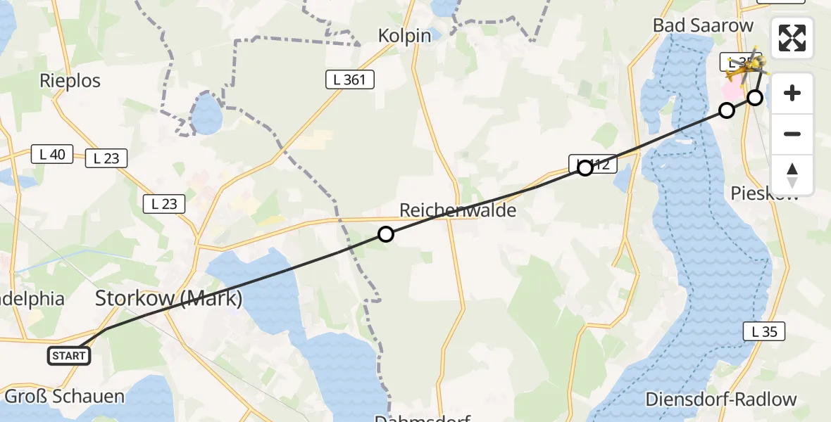 Flugroute Rettungshubschrauber Storkow (Mark) - Bad Saarow Hospital Hubschrauberlandeplatz, 10 August 2026, 06:09