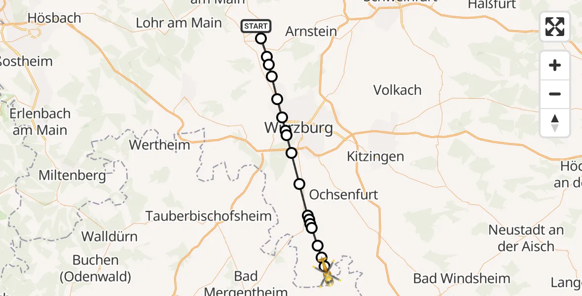 Flugroute Rettungshubschrauber Eußenheim - Bieberehren, 10 August 2026, 06:17