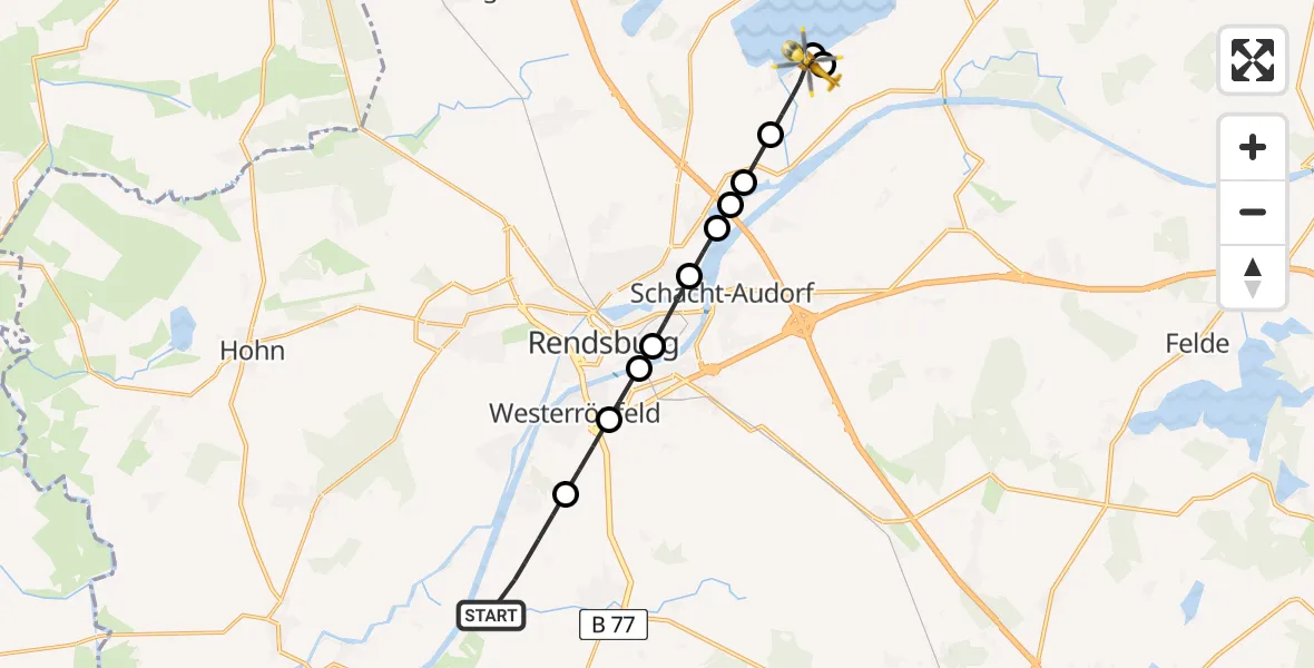 Flugroute Ambulanzhubschrauber Schülp b.Rendsburg - Bünsdorf, 10 August 2026, 06:19