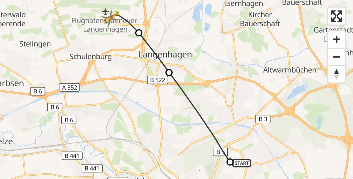 Flugroute Rettungshubschrauber Hannover Luftrettung Hubschrauberlandeplatz (Christoph 4) - Flughafen Hannover, 10 August 2026, 06:25