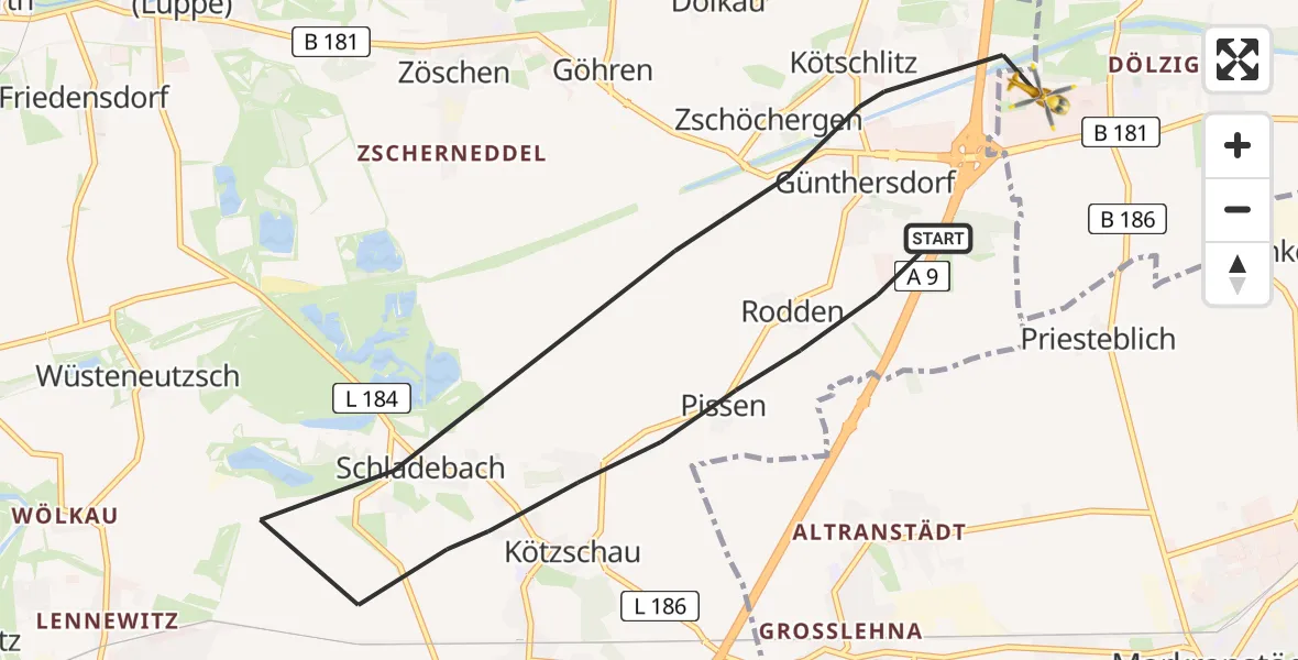 Flugroute Rettungshubschrauber Leuna - ADAC Air Rescue Station Leipzig/Schkeuditz-Dölzig Hubschrauberlandeplatz (Christoph 61), 10 August 2026, 06:25