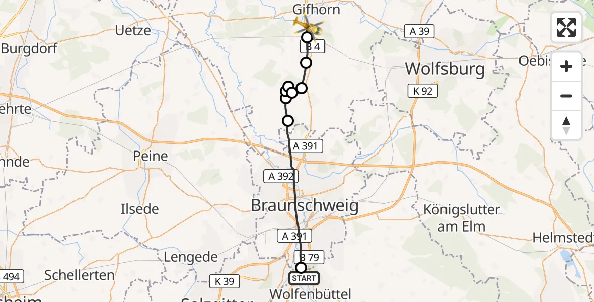 Flugroute Rettungshubschrauber Wolfenbüttel - Gifhorn, 10 August 2026, 06:26