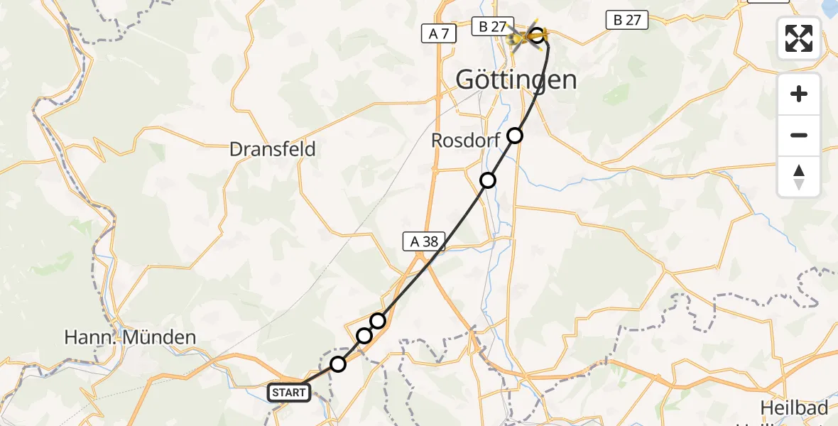 Flugroute Rettungshubschrauber Hann.Münden - Göttingen University Clinic Hubschrauberlandeplatz, 10 August 2026, 06:31