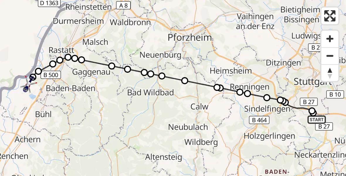 Flugroute Polizeihubschrauber Flughafen Stuttgart - Karlsruhe Baden-Baden Flughafen, 10 August 2026, 06:32