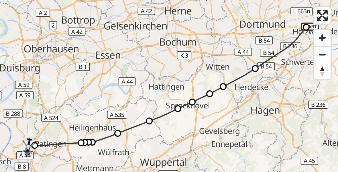 Flugroute Polizeihubschrauber Dortmund Flughafen - Düsseldorf Flughafen, 10 August 2026, 06:32