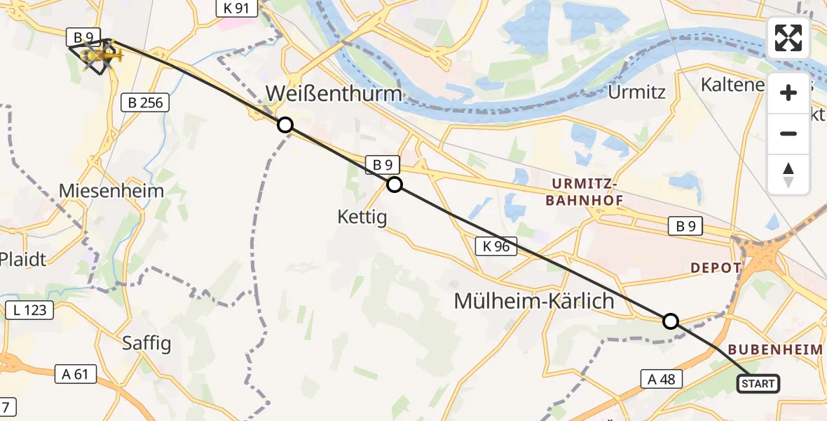 Flugroute Rettungshubschrauber Koblenz - Andernach, 10 August 2026, 06:33