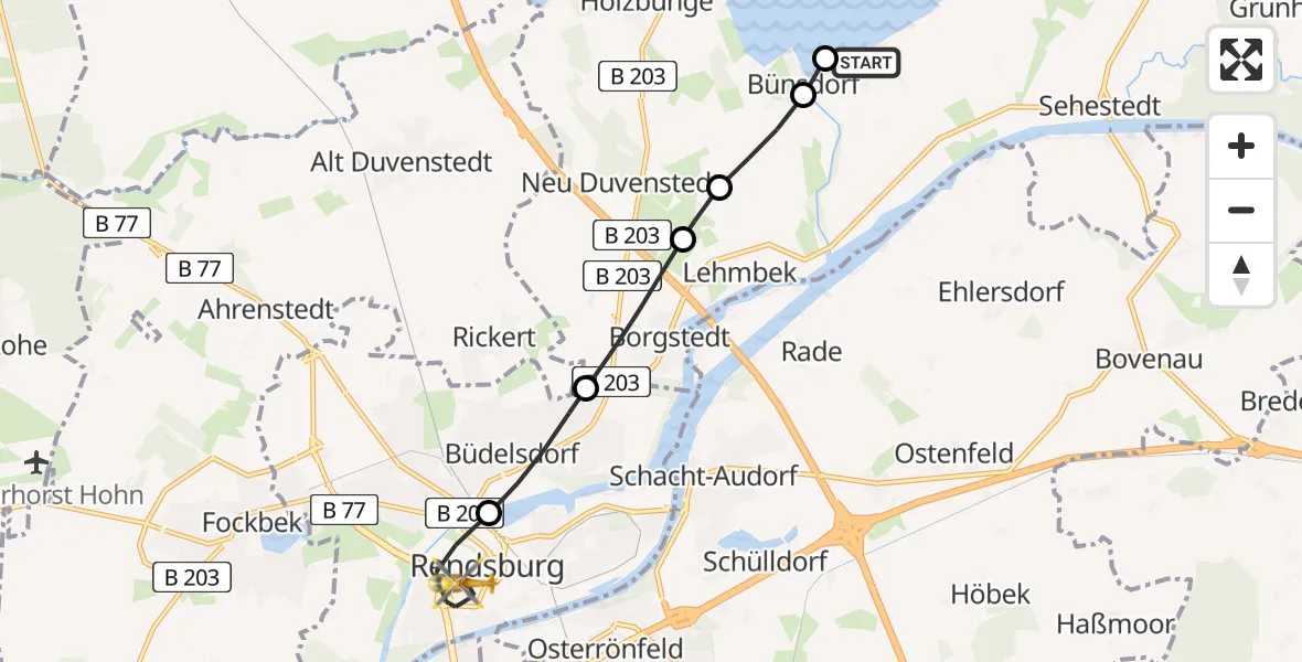 Flugroute Ambulanzhubschrauber Bünsdorf - Rendsburg, 10 August 2026, 07:02