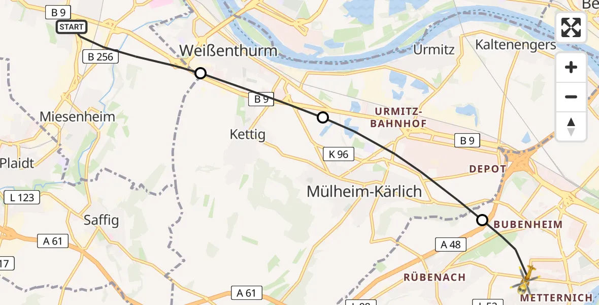 Flugroute Rettungshubschrauber Andernach - Koblenz, 10 August 2026, 07:05
