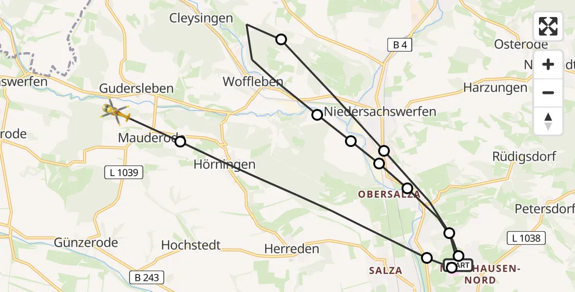 Flugroute Rettungshubschrauber Südharz Hospital Nordhausen - Ellrich, 10 August 2026, 07:10