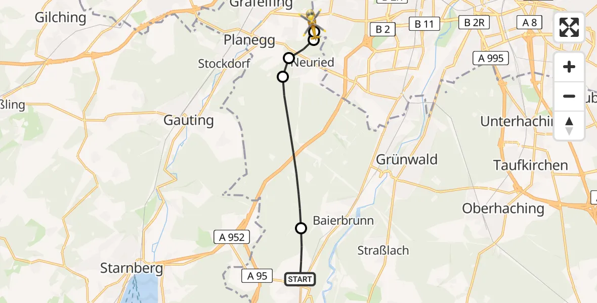 Flugroute Rettungshubschrauber Schäftlarn - DRF Air Rescue München Hubschrauberlandeplatz, 10 August 2026, 07:14