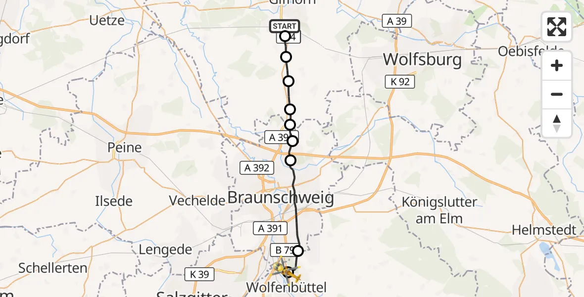 Flugroute Rettungshubschrauber Gifhorn - Wolfenbüttel Municipal Hospital Heliport (Christoph 30), 10 August 2026, 07:21