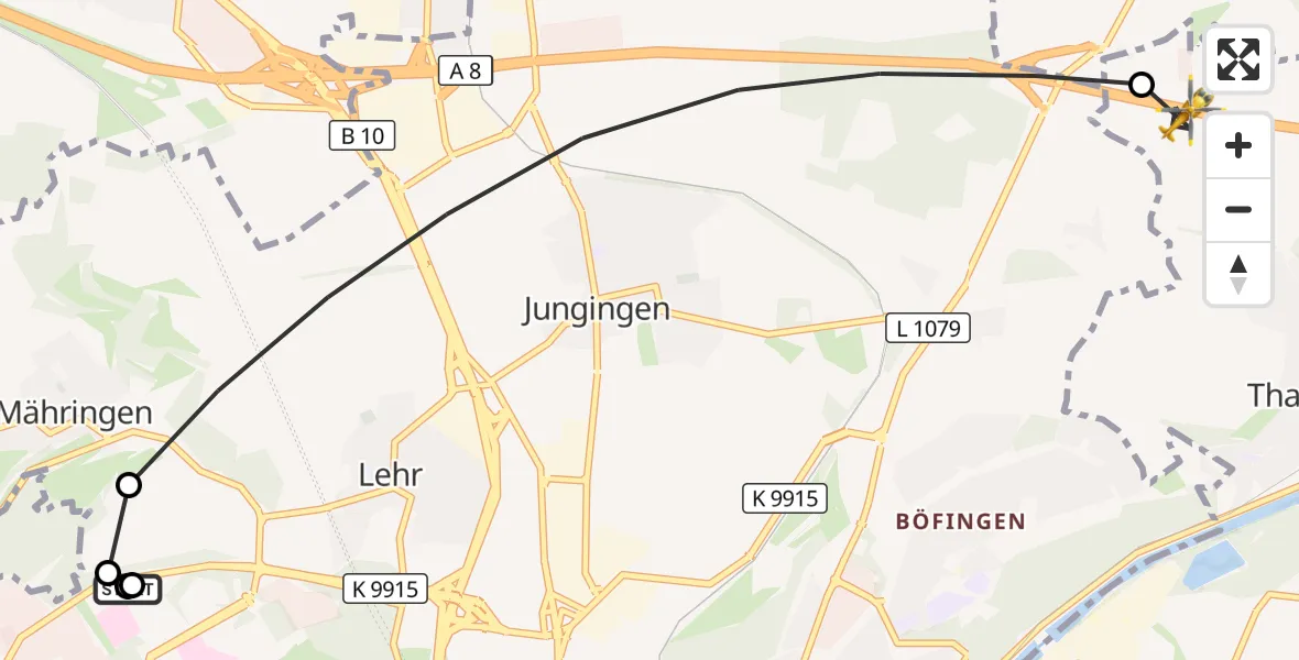 Flugroute Rettungshubschrauber Ulm Military Hospital Emergency - Elchingen, 10 August 2026, 07:50