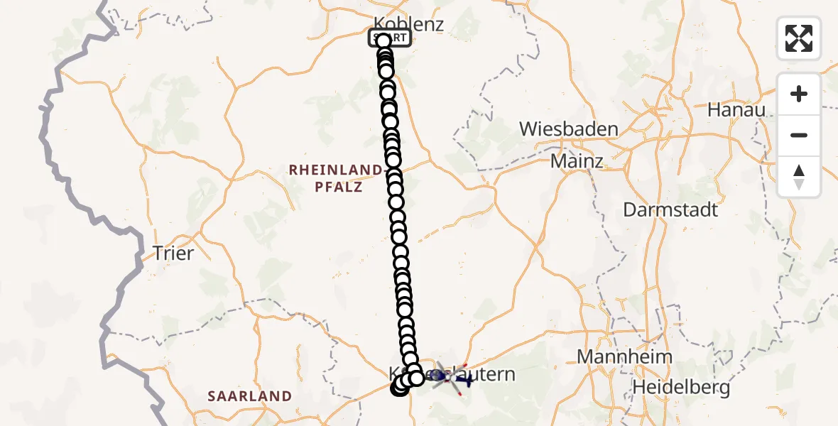 Flugroute Polizeihubschrauber Winningen - Kaiserslautern, 10 August 2026, 07:52