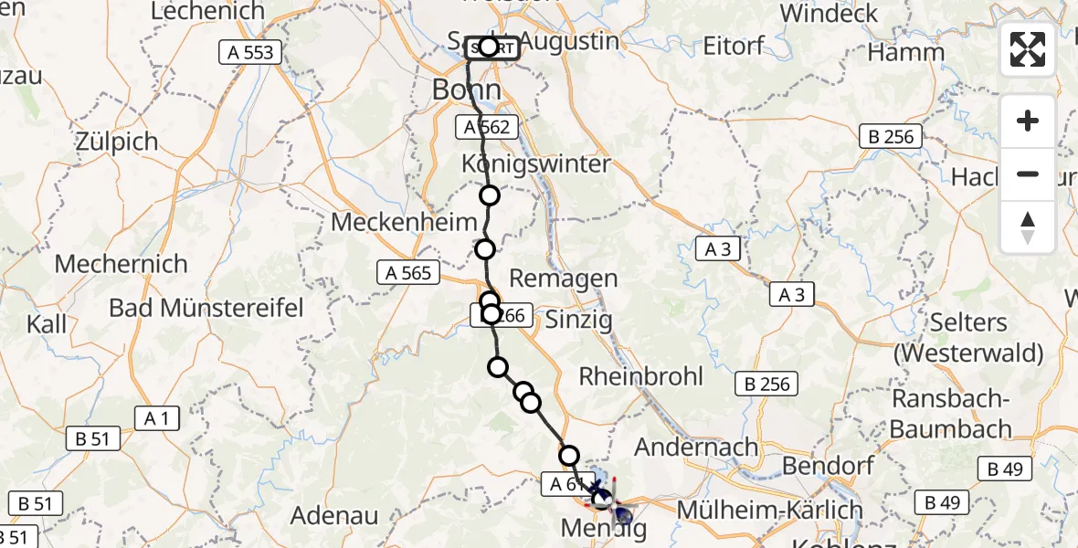 Flugroute Polizeihubschrauber Sankt Augustin - Mendig, 10 August 2026, 07:53
