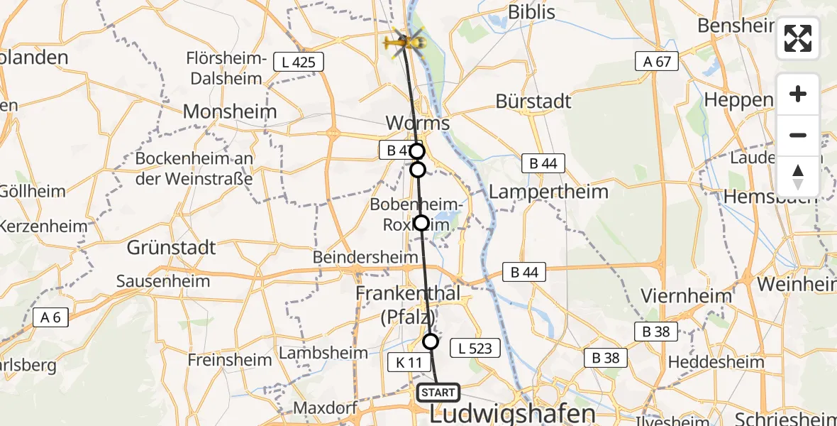 Flugroute Rettungshubschrauber Ludwigshafen am Rhein - Worms, 10 August 2026, 07:54