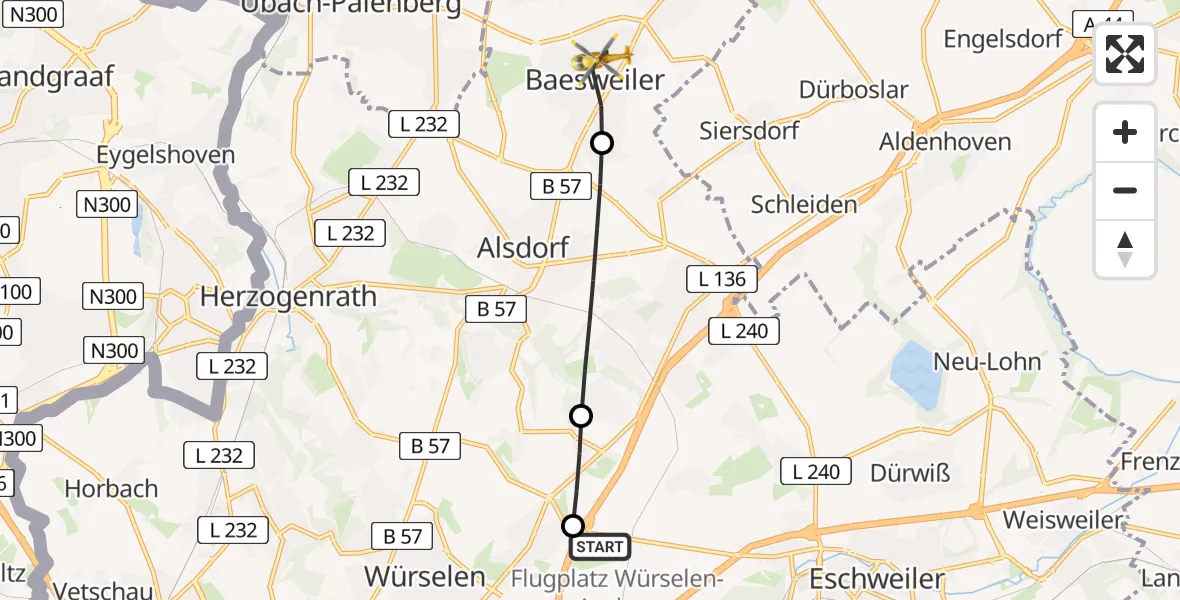 Flugroute Rettungshubschrauber Aachen-Merzbrück Flughafen - Baesweiler, 10 August 2026, 07:55