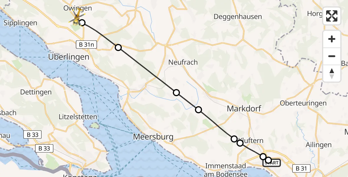 Flugroute Rettungshubschrauber Friedrichshafen Hospital - Owingen, 10 August 2026, 07:55