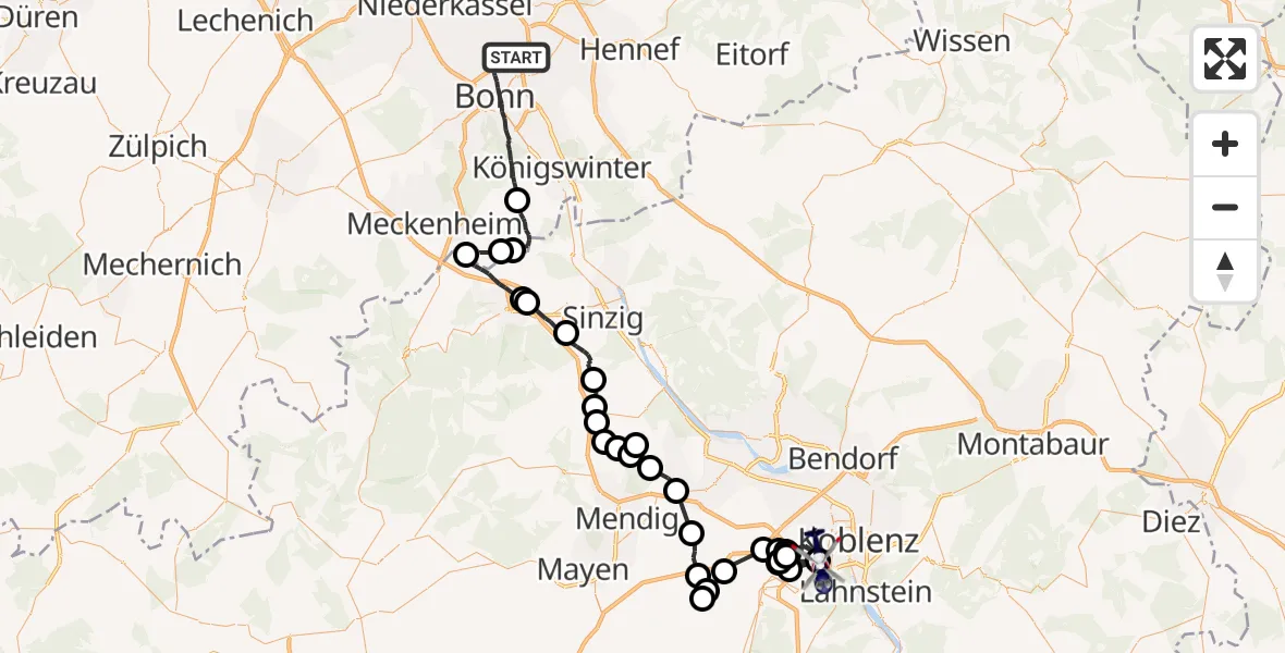 Flugroute Polizeihubschrauber Bonn - Koblenz, 10 August 2026, 07:57
