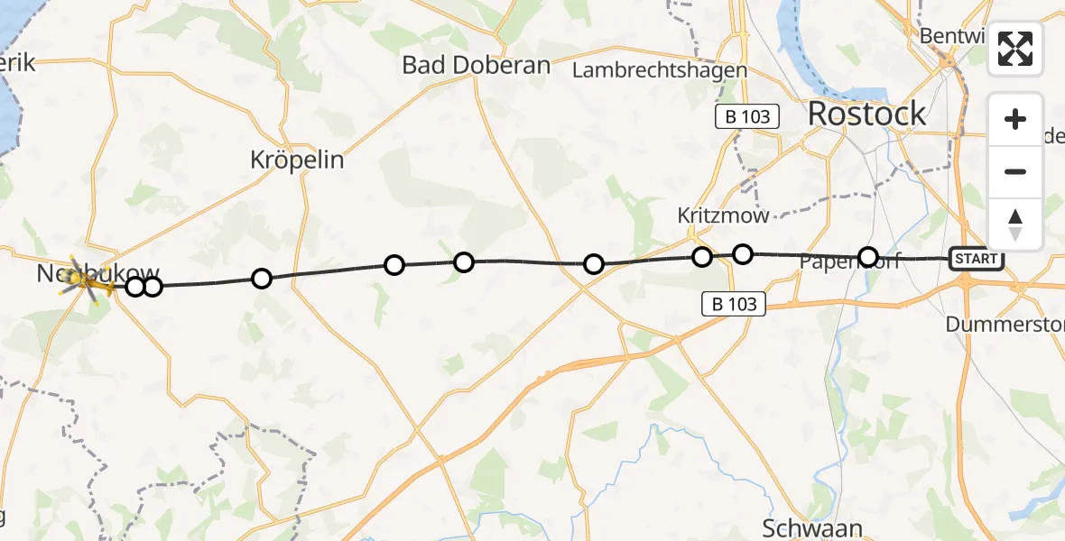 Flugroute Ambulanzhubschrauber Dummerstorf - Neubukow, 10 August 2026, 07:57