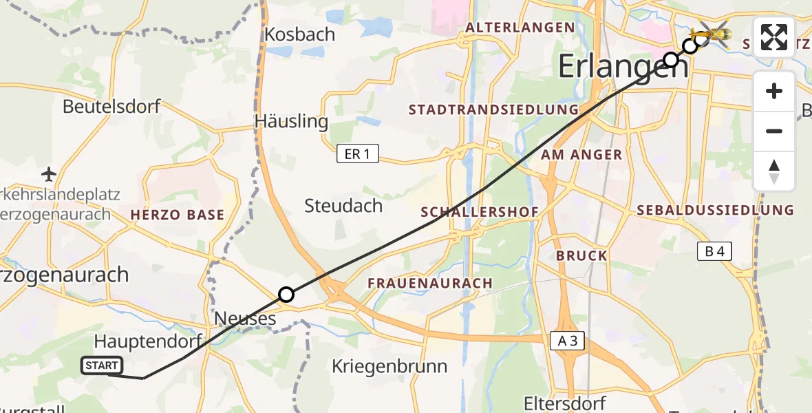 Flugroute Ambulanzhubschrauber Herzogenaurach - Erlangen University Hospital Ebrardstraße, 10 August 2026, 08:04