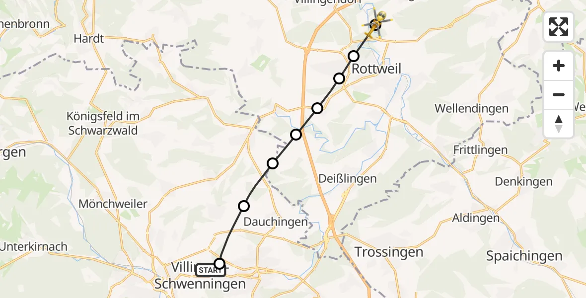 Flugroute Ambulanzhubschrauber DRF Air Rescue Station Villingen-Schwenningen Hubschrauberlandeplatz (Christoph 11) - Dietingen, 10 August 2026, 08:09